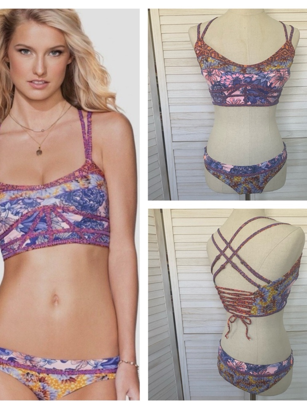 Maaji Floral Print Bikini Set in Pink and Purple with Yellow Accents